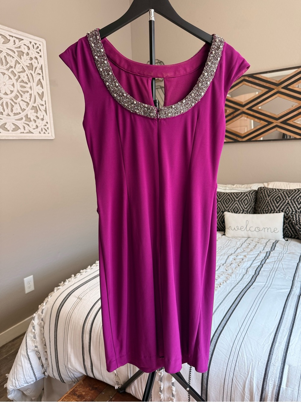 Eliza J Embellished Collar Magenta Cap-Sleeve Dress